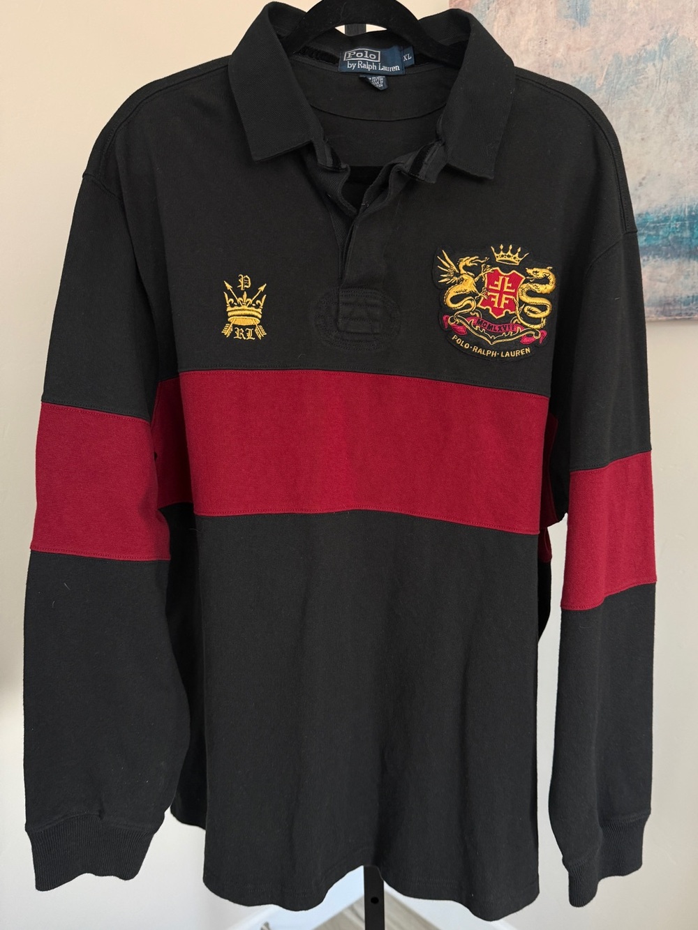 Vintage 90s Polo Ralph Lauren Mens Extra Large Dragon Crest Rugby Shirt Black